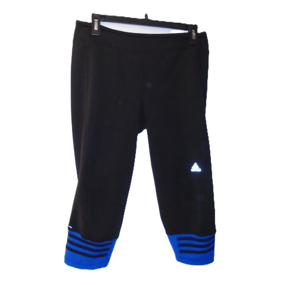 ADIDAS CLIMALITE RESPONSE BLACK WITH BLUE CROPPED LEGGINGS CAPRIS WOMENS SIZE L - Picture 1 of 13